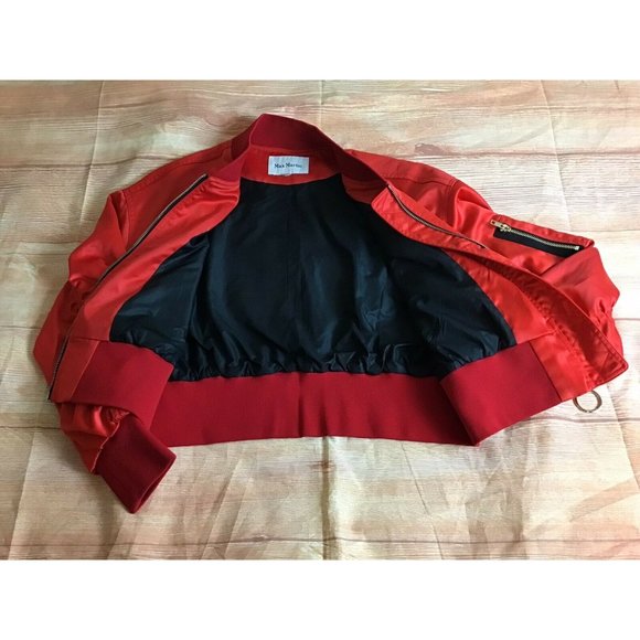 Max Martin Red Satiny Cropped Bomber Jacket Sz L - Picture 7 of 12